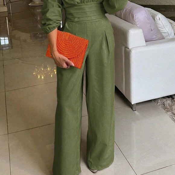 Pants - Army Green Elegant Women's Casual Solid Color Lantern Sleeve Jumpsuit